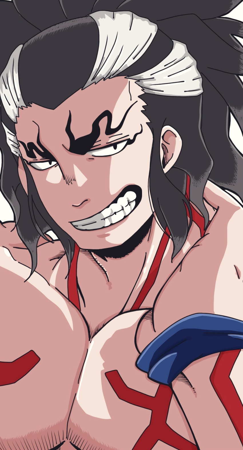 1boy, absurdres, arm_tattoo, black_eyes, black_hair, chest_tattoo, close-up, derutta