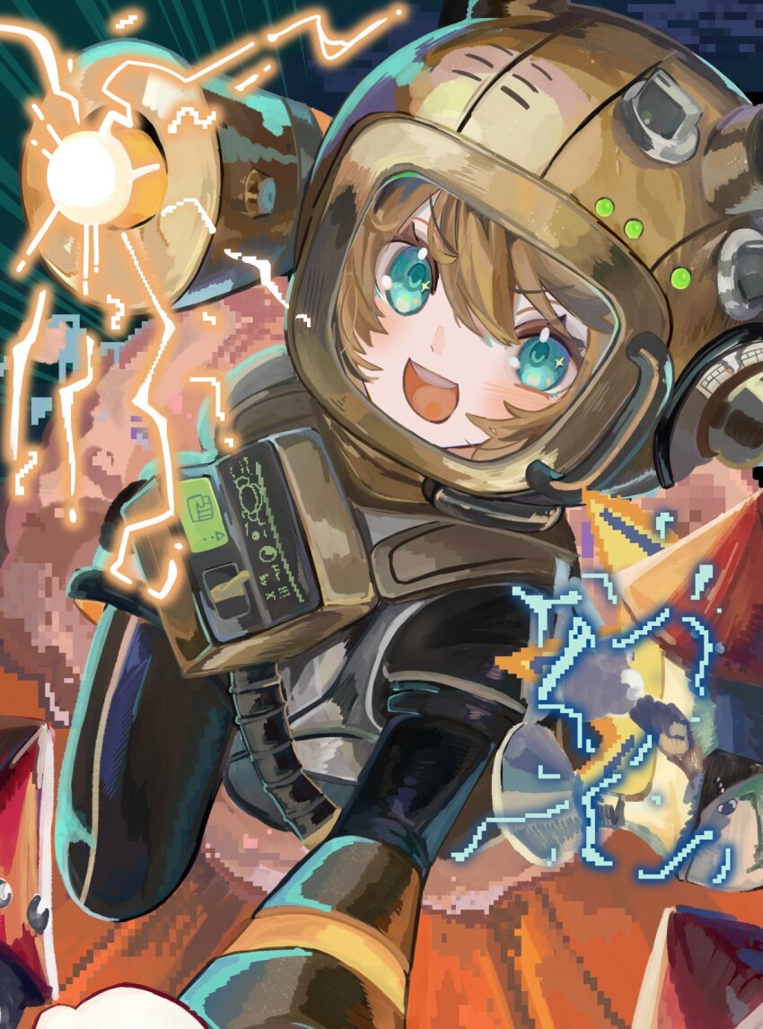 1girl, :d, arm_cannon, arm_up, black_leggings, blue_eyes, brown_hair, computer