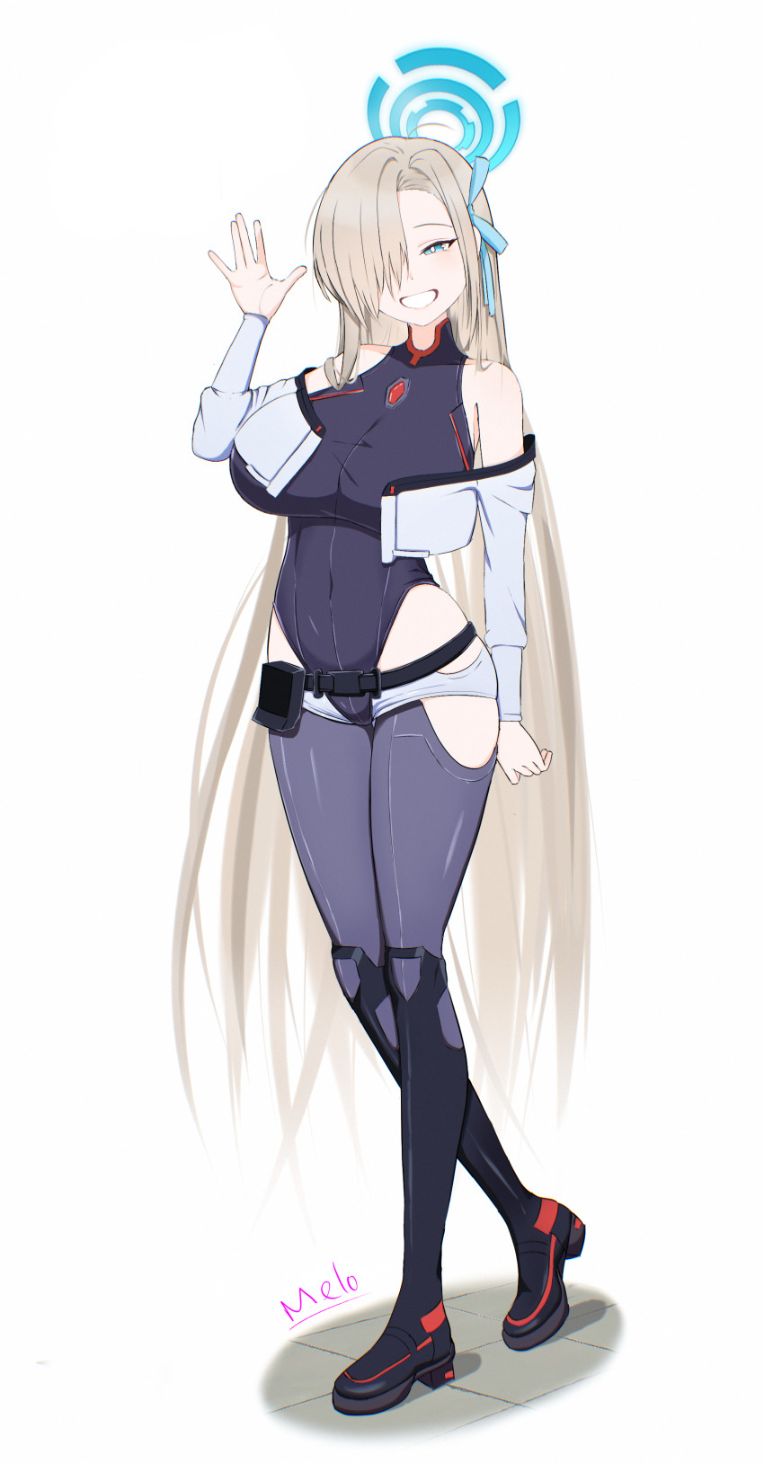 1girl, absurdres, alternate_costume, artist_name, asuna_(blue_archive), asymmetrical_bangs, bare_shoulders, black_boots, blonde_hair, blue_archive, blue_bow, blue_eyes, blue_halo, blue_ribbon, boots, bow, breasts, cyberpunk_(series), cyberpunk:_edgerunners, full_body, hair_over_one_eye, hair_ribbon, halo, hand_up, heattech_leotard, highres, large_breasts, leotard, long_hair, long_sleeves, looking_at_viewer, lucy_(cyberpunk), melody_sky9, off-shoulder_jacket, off_shoulder, open_mouth, ribbon, simple_background, sleeveless_turtleneck_leotard, smile, solo, standing, turtleneck, very_long_hair, walking, white_background