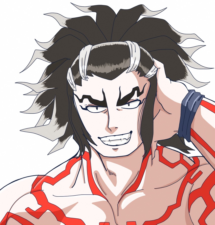 1boy, absurdres, arm_tattoo, black_eyes, black_hair, chest_tattoo, derutta, facing_viewer