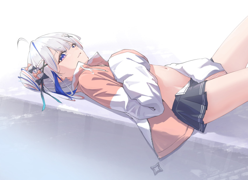 1girl, ahoge, amane_kanata, beads, between_legs, black_bow, black_skirt, blue_eyes