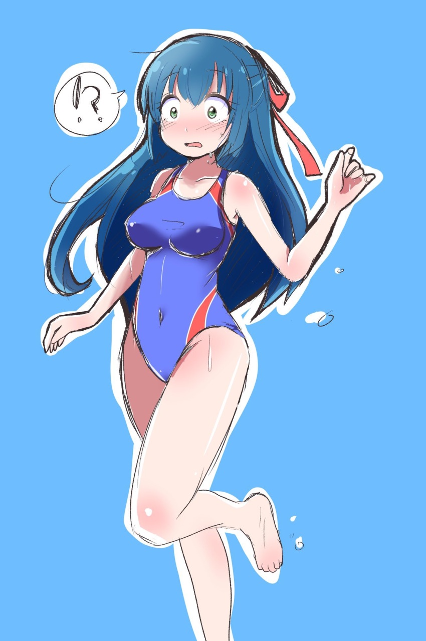 !?, 1girl, alternate_costume, arm_up, bare_legs, bare_shoulders, barefoot, blue_background