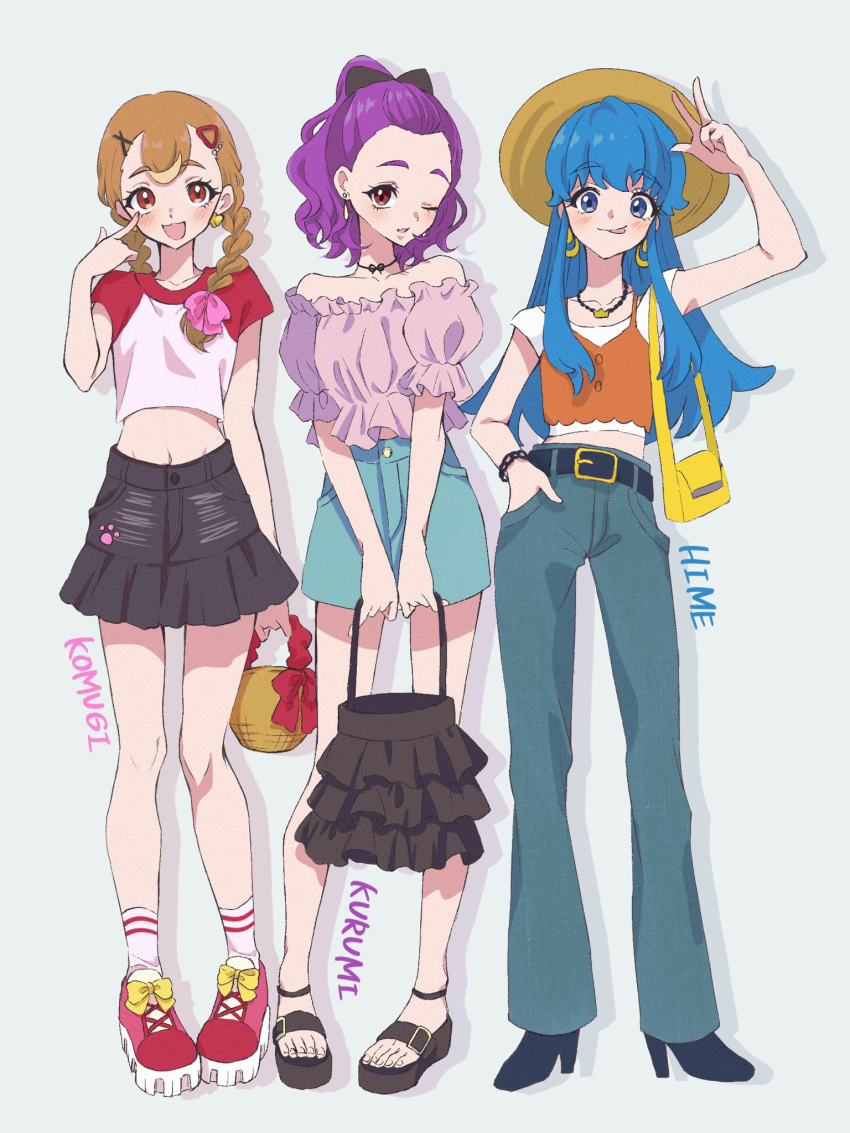 3girls, :d, alternate_costume, bag, black_bow, black_skirt, blue_eyes, blue_hair, bow, braid, brown_eyes, brown_hair, choker, closed_mouth, full_body, gen_1_pokemon, hair_bow, hand_in_pocket, happinesscharge_precure!, high_heels, highres, holding, holding_bag, inukai_komugi, jewelry, long_hair, looking_at_viewer, low_twin_braids, midriff, mimino_kurumi, multiple_girls, navel, necklace, open_mouth, ponyta, precure, purple_eyes, purple_hair, sandals, shigen_pr, shirayuki_hime, shoes, short_hair, short_sleeves, shoulder_bag, side_braids, skirt, smile, sneakers, standing, twin_braids, wonderful_precure!, yes!_precure_5, yes!_precure_5_gogo!
