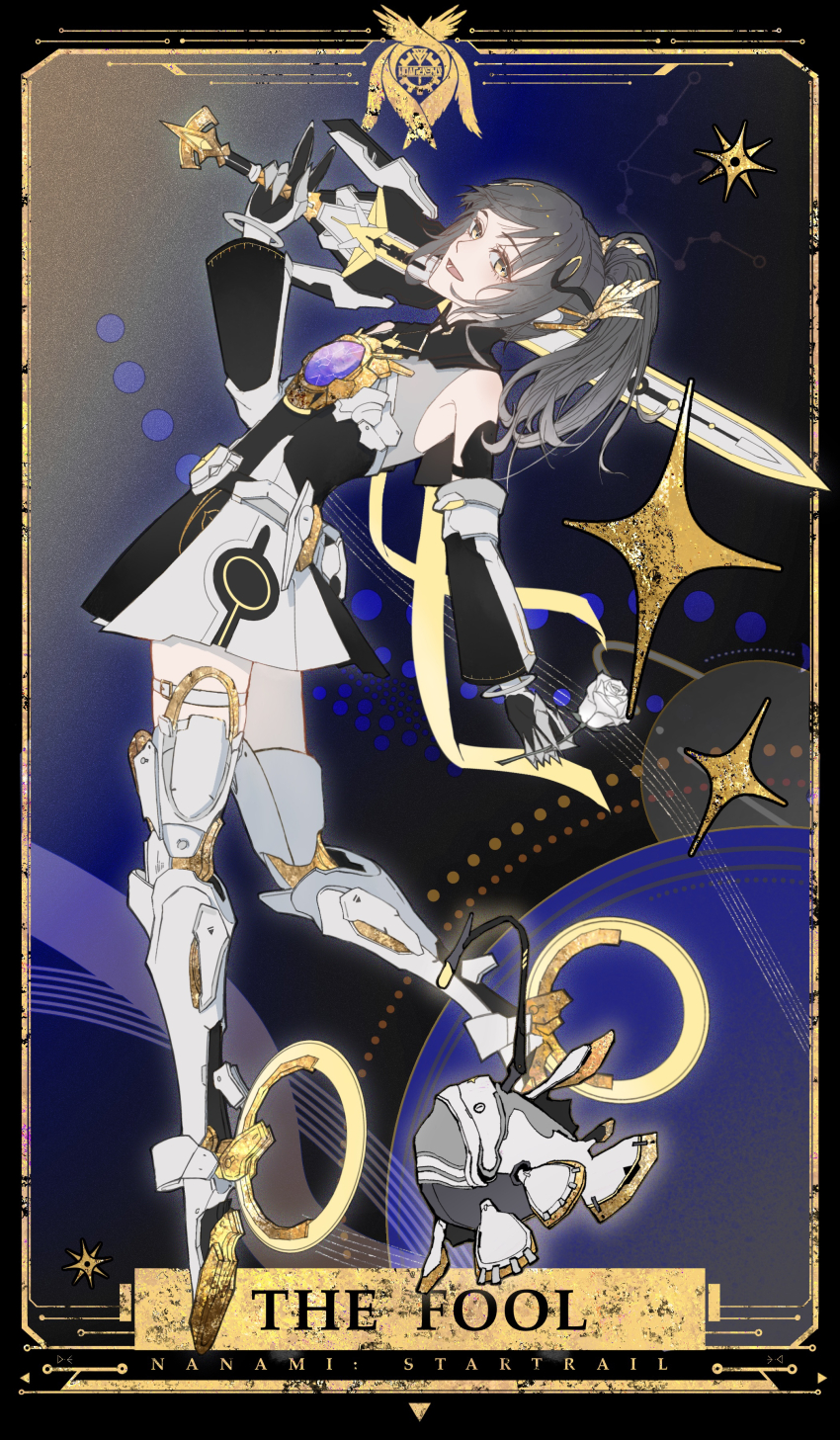 1girl, absurdres, anglerfish, black_dress, black_sleeves, card, character_name, detached_sleeves, diee0312, dress, fish, flower, full_body, grey_dress, grey_hair, grey_sleeves, hair_ornament, highres, holding, holding_flower, holding_sword, holding_weapon, long_hair, long_sleeves, mechanical_arms, mechanical_hands, mechanical_legs, nanami:_startrail_(pgr), nanami_(pgr), non-humanoid_robot, open_mouth, ponytail, punishing:_gray_raven, robot, robot_animal, robot_fish, rose, short_dress, skates, solo, sword, tarot, tarot_card, the_fool_(tarot), twintails, two-tone_dress, two-tone_sleeves, weapon, white_flower, white_rose, wing_hair_ornament, yellow_eyes
