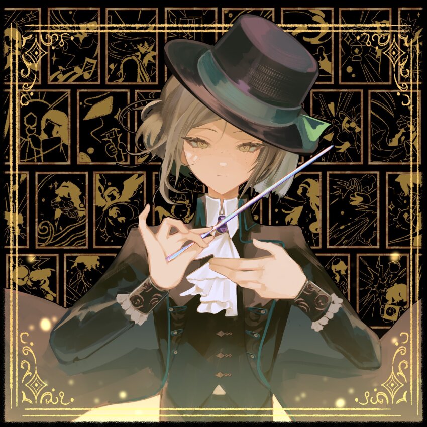 1girl, :|, ascot, black_background, black_coat, black_hat, black_vest, blue_bow, boater_hat, border, bow, closed_mouth, coat, collared_shirt, conductor_baton, grey_eyes, grey_hair, hair_bun, hands_up, hat, hat_bow, highres, holding_baton, klepon, ornate_border, reverse:1999, shirt, short_hair, single_side_bun, solo, straight-on, upper_body, vertin_(reverse:1999), vest, waistcoat, white_ascot, white_shirt, yellow_border