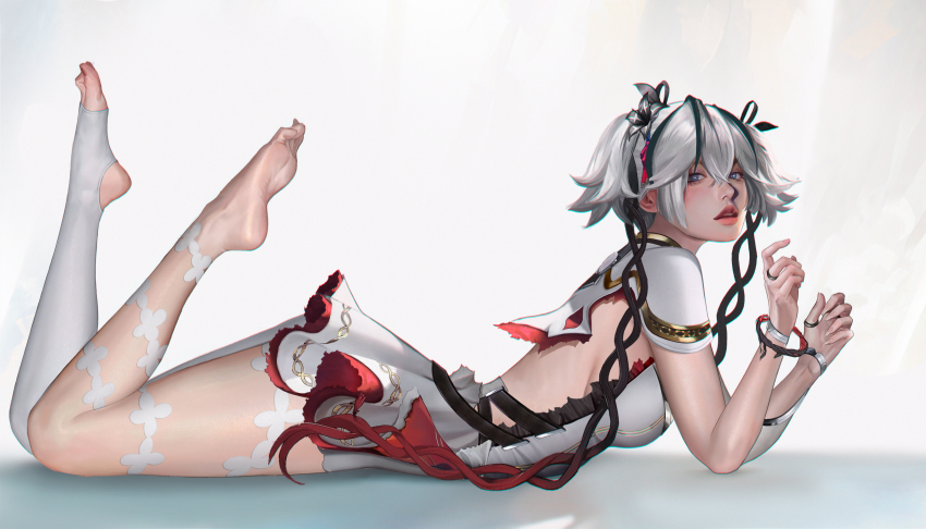 1girl, absurdres, asymmetrical_clothes, barefoot, black_eyes, black_flower, blake_bloom_(wuthering_waves), camellya_(wuthering_waves)