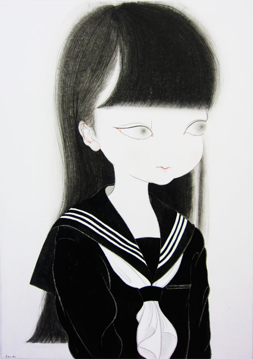 1girl, black_hair, female_focus, hime_cut, makita_haruka, school_uniform, siyawase, solo