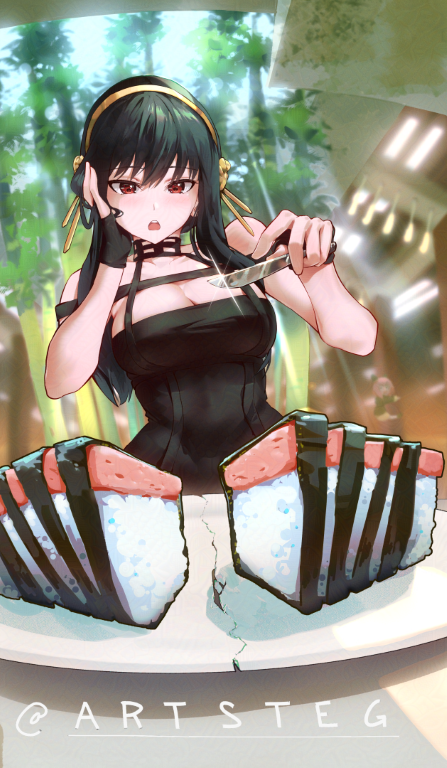 2girls, anya_(spy_x_family), black_dress, black_gloves, black_hair, blurry, blurry_background, breasts