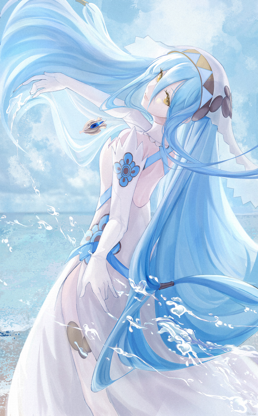 1girl, azura_(fire_emblem), backless_dress, backless_outfit, beach, blue_hair, closed_mouth, cloud