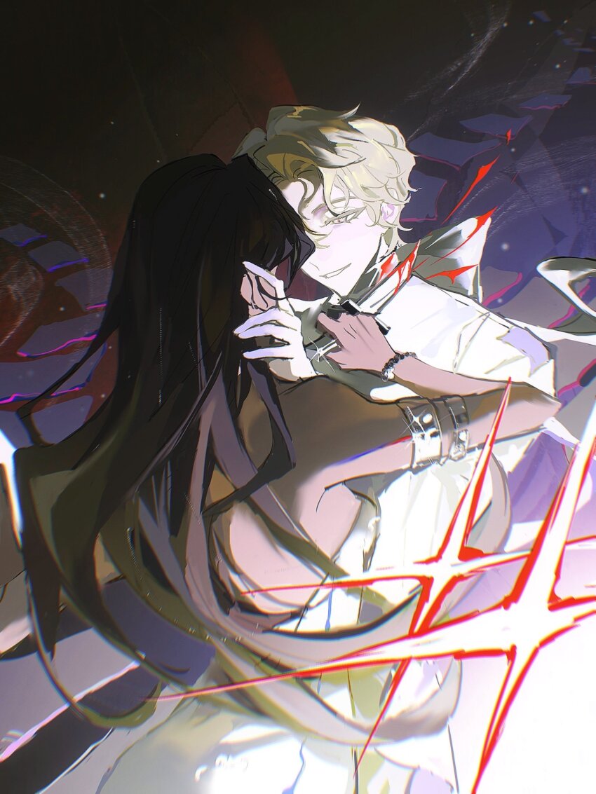 1boy, 1girl, alien_stage, alternate_costume, armlet, backless_dress, backless_outfit, bead_bracelet