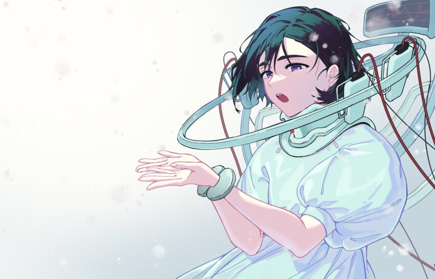 1girl, alien_stage, black_hair, cable, commentary, dress, english_commentary, hands_up, kieed12, machine, music, open_mouth, puffy_short_sleeves, puffy_sleeves, purple_eyes, short_hair, short_sleeves, singing, solo, sua_(alien_stage), upper_body, white_background, white_dress