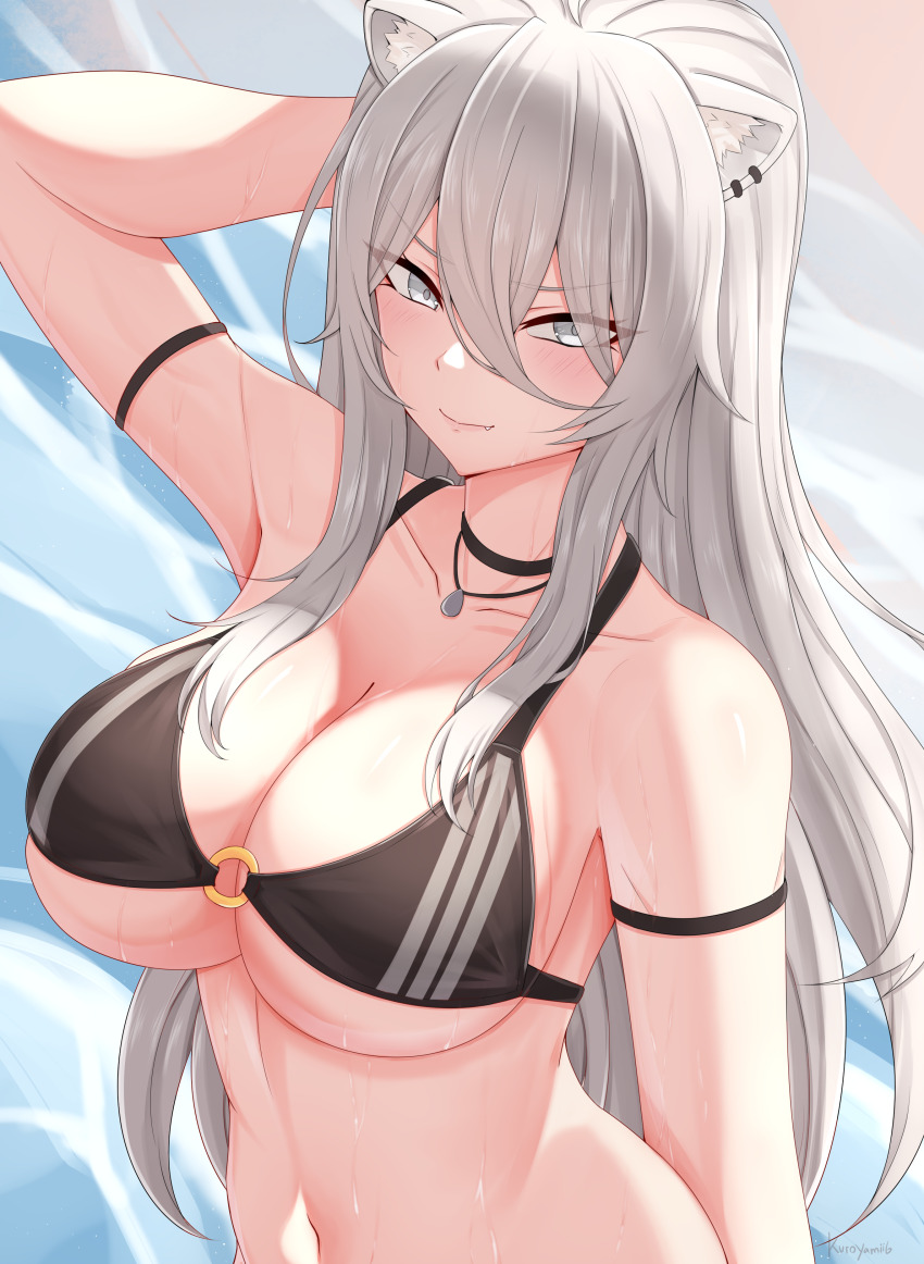 1girl, absurdres, ahoge, animal_ear_piercing, animal_ears, artist_name, beach, bikini