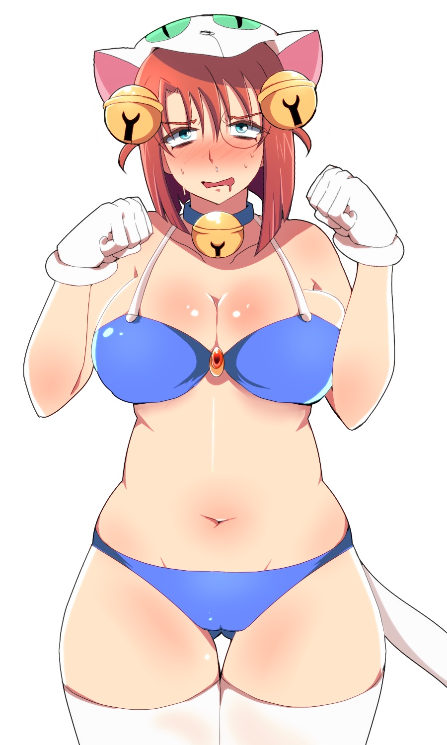 1girl, animal_hat, bell, bikini, blue_bikini, blue_eyes, blue_panties, blush, breasts, choker, cleavage, cosplay, cowboy_shot, dejiko, dejiko_(cosplay), forte_stollen, galaxy_angel, gloves, gluteal_fold, hat, highres, jingle_bell, large_breasts, looking_up, navel, nervous_sweating, new_yorker_(togawa_hamasaki), panties, paw_pose, plump, red_hair, shiny_skin, short_hair, solo, sweat, swimsuit, tail, thighhighs, underwear, white_background, white_gloves