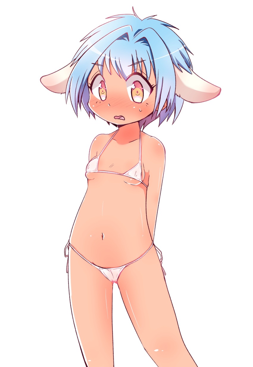 1girl, animal_ear_fluff, animal_ears, arms_behind_back, bare_shoulders, bikini, blue_hair, breasts, collarbone, cowboy_shot, galaxy_angel, highres, loli, looking_at_viewer, mint_blancmanche, navel, nervous_sweating, new_yorker_(togawa_hamasaki), open_mouth, short_hair, side-tie_bikini_bottom, simple_background, small_breasts, solo, standing, star_(symbol), string_bikini, sweat, swimsuit, tan, white_background, white_bikini, yellow_eyes