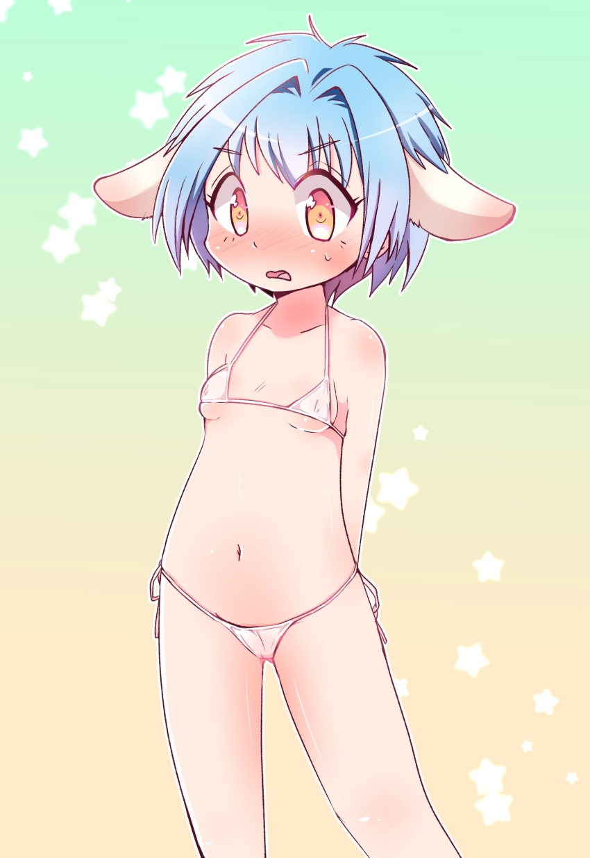 1girl, animal_ear_fluff, animal_ears, arms_behind_back, bare_shoulders, bikini, blue_hair, breasts, collarbone, cowboy_shot, galaxy_angel, highres, loli, looking_at_viewer, mint_blancmanche, navel, nervous_sweating, new_yorker_(togawa_hamasaki), open_mouth, short_hair, side-tie_bikini_bottom, small_breasts, solo, standing, star_(symbol), string_bikini, sweat, swimsuit, white_bikini, yellow_eyes