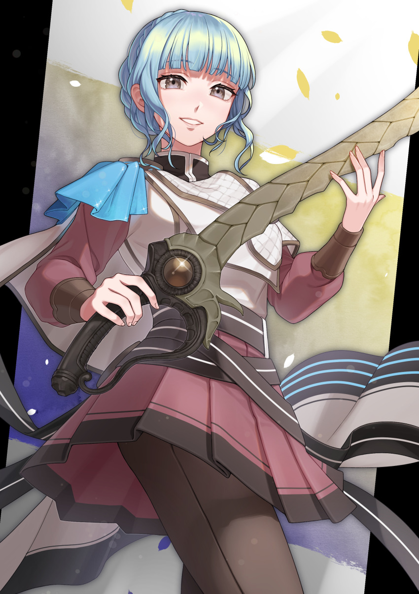 1girl, absurdres, blue_hair, blutgang_(fire_emblem), braid, brown_eyes, cape, capelet, commission, commissioner_upload, cosplay, cowboy_shot, crown_braid, exosister_kaspitell, exosister_kaspitell_(cosplay), exosister_stella, fire_emblem, fire_emblem:_three_houses, highres, kuzunue, long_sleeves, marianne_von_edmund, nintendo, skeb_commission, skirt, smile, solo, yu-gi-oh!