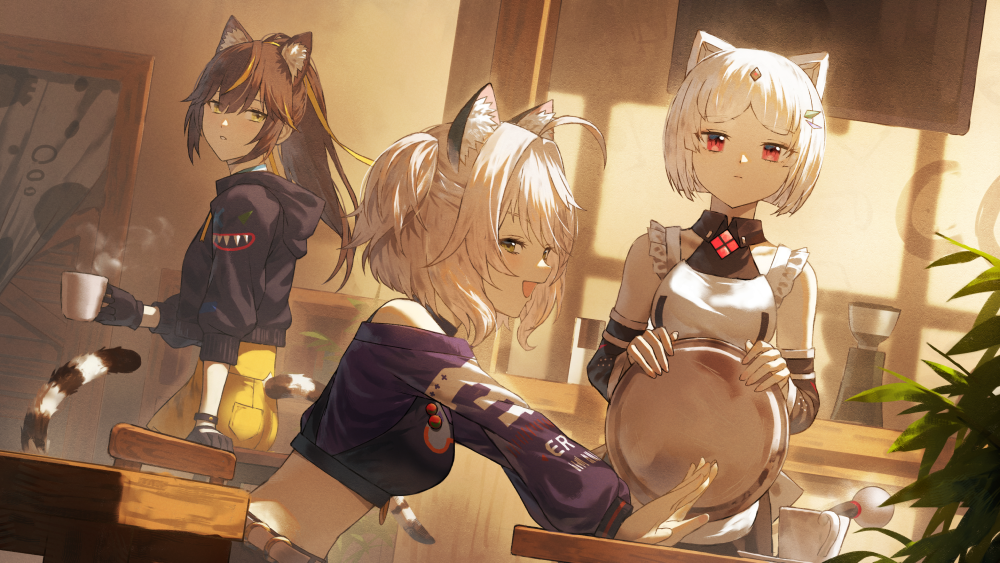 3girls, animal_ear_fluff, animal_ears, apron, arm_support, ass, asura_(cat_fantasy), black_gloves, black_shirt, black_sleeves, blonde_hair, breasts, brown_eyes, brown_hair, cat_ears, cat_fantasy, cat_girl, cat_tail, character_request, collared_shirt, commentary_request, crop_top, cup, detached_sleeves, echo_tylers_(cat_fantasy), fagi_(kakikaki), frilled_apron, frills, gloves, holding, holding_cup, holding_tray, long_hair, long_sleeves, medium_breasts, midriff, multicolored_hair, multiple_girls, off_shoulder, one_side_up, outstretched_arms, pants, parted_lips, ponytail, puffy_long_sleeves, puffy_sleeves, purple_shirt, red_eyes, shiro_(cat_fantasy), shirt, short_hair, sleeveless, sleeveless_shirt, steam, streaked_hair, striped_tail, tail, tray, white_apron, white_hair, yellow_pants