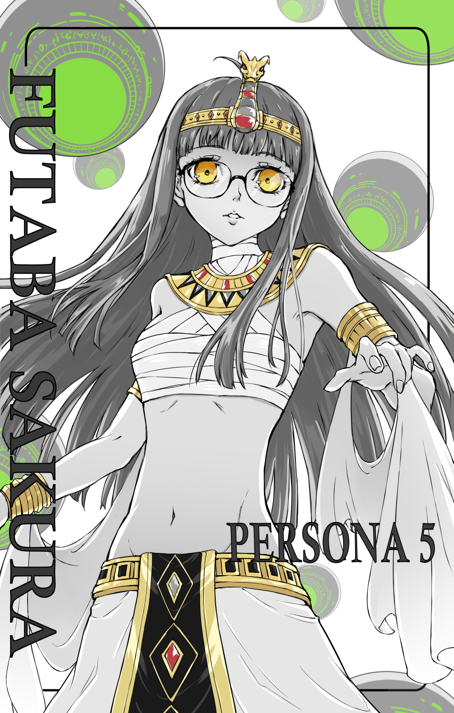 1girl, ancient_egyptian, ancient_egyptian_clothes, armlet, bandages, black-framed_eyewear, blunt_bangs, bracelet