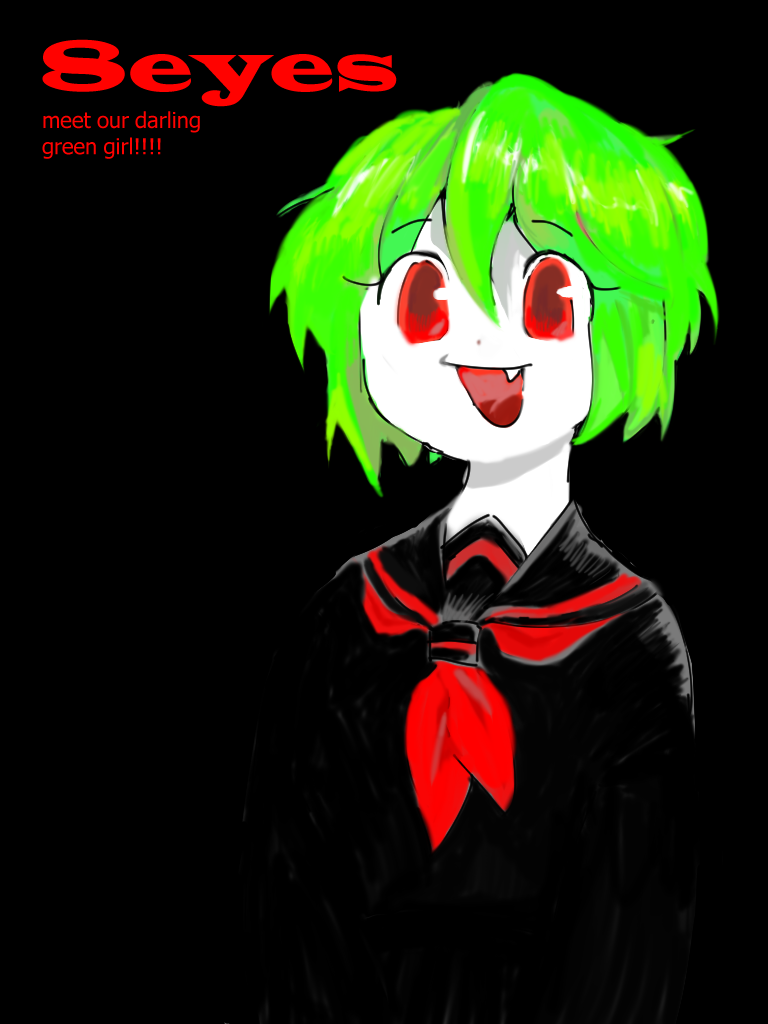 1girl, 8eyes, black_background, black_serafuku, bob_cut, colored_skin, episode_title, eyelashes, fang, green_hair, greengirl_(8eyes), open_mouth, red_eyes, rgb_paw, school_uniform, serafuku, short_hair, smile, solo, title, white_skin, yogurt200