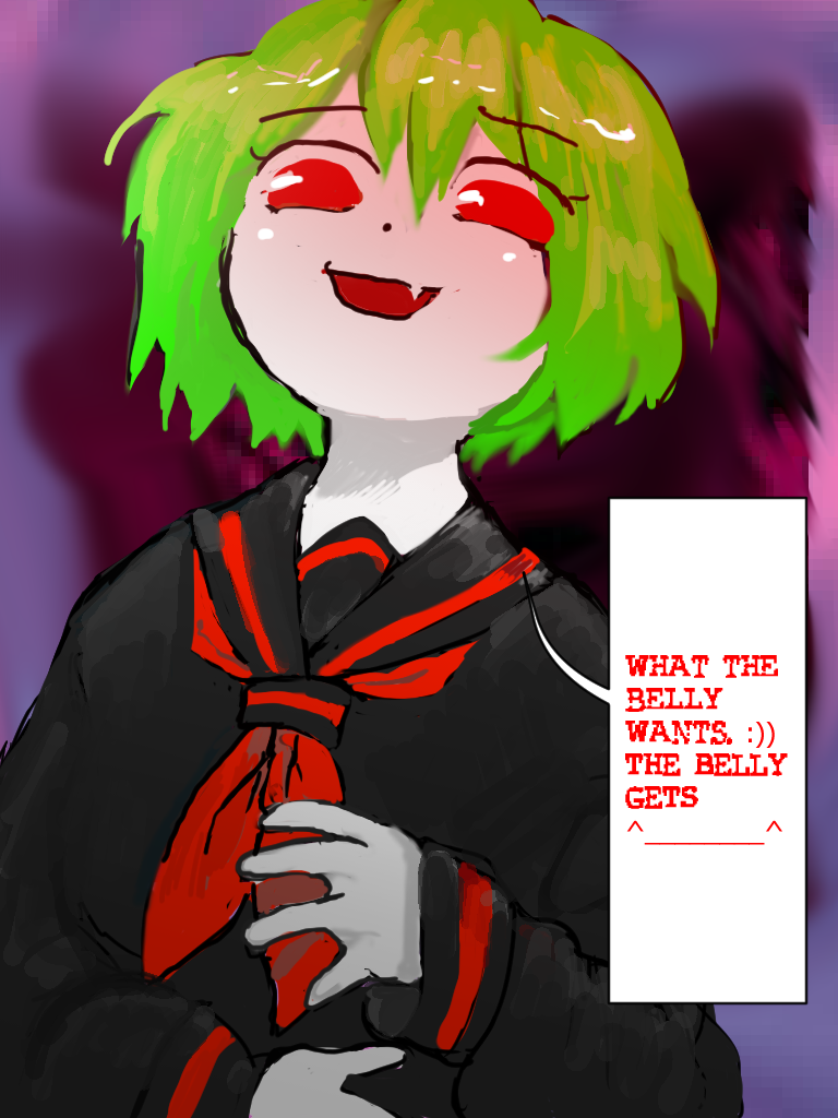 1girl, 8eyes, black_serafuku, english_text, fang, green_hair, greengirl_(8eyes), red_eyes