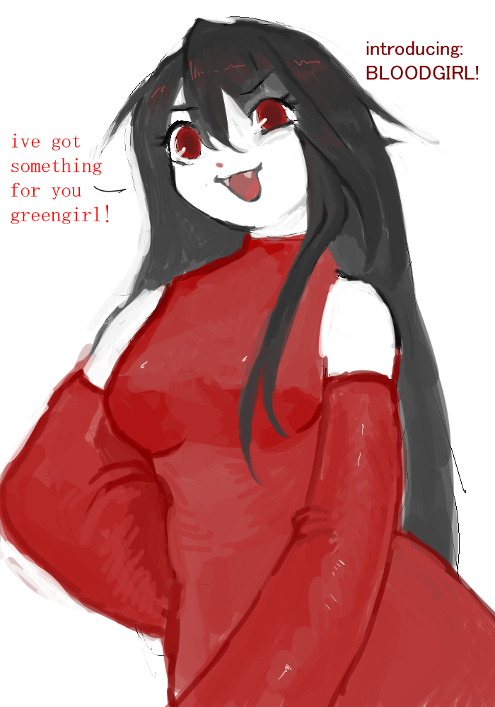 1girl, 8eyes, black_hair, bloodgirl_(8eyes), breasts, colored_skin, detached_sleeves, dress