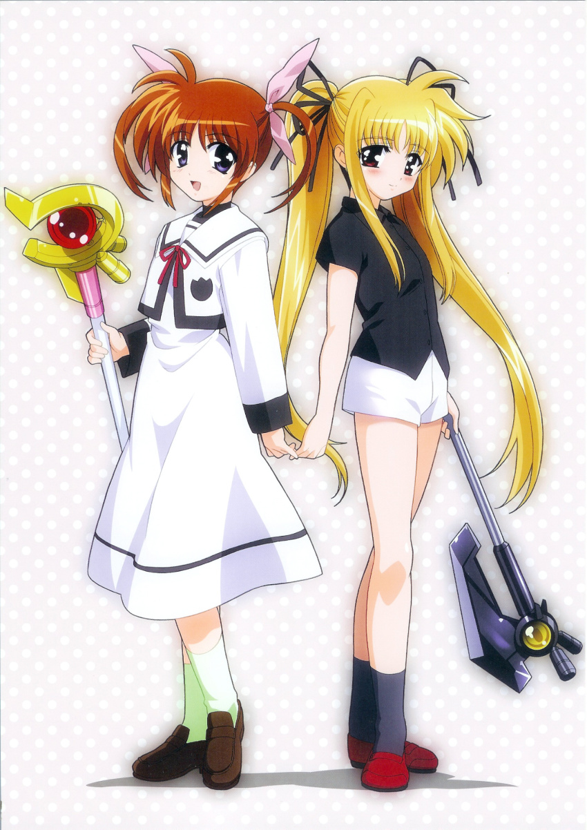 00s, 2girls, bardiche_(device_form)_(nanoha), bardiche_(nanoha), black_shirt, black_socks, blonde_hair, blouse, fate_testarossa, highres, lyrical_nanoha, mahou_shoujo_lyrical_nanoha, multiple_girls, okuda_yasuhiro, purple_eyes, raising_heart, raising_heart_(device_mode), red_eyes, red_hair, scan, school_uniform, shirt, socks, takamachi_nanoha, twintails