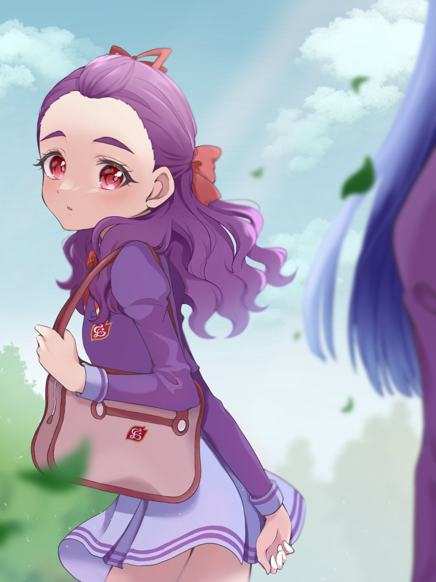 2girls, bag, blue_hair, bow, cowboy_shot, falling_leaves, hair_bow, hair_ribbon