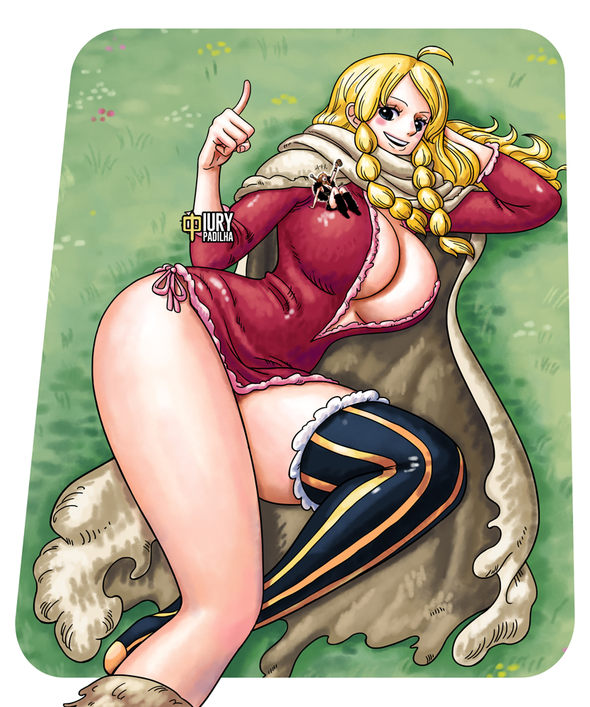 2girls, artist_logo, artist_name, bare_legs, blonde_hair, blush, braid, braided_sidelock, breasts, cape, cleavage, curvy, female_focus, full_body, gerd_(one_piece), giant, giantess, huge_breasts, iury_padilha, logo, long_hair, lying, multiple_girls, nami_(one_piece), nami_(one_piece)_(elbaf), no_bra, on_side, one_piece, orange_hair, single_thighhigh, sitting, sitting_on_person, solo, sword, sword_on_back, thick_thighs, thighhighs, thighs, twin_braids, weapon, weapon_on_back, wide_hips