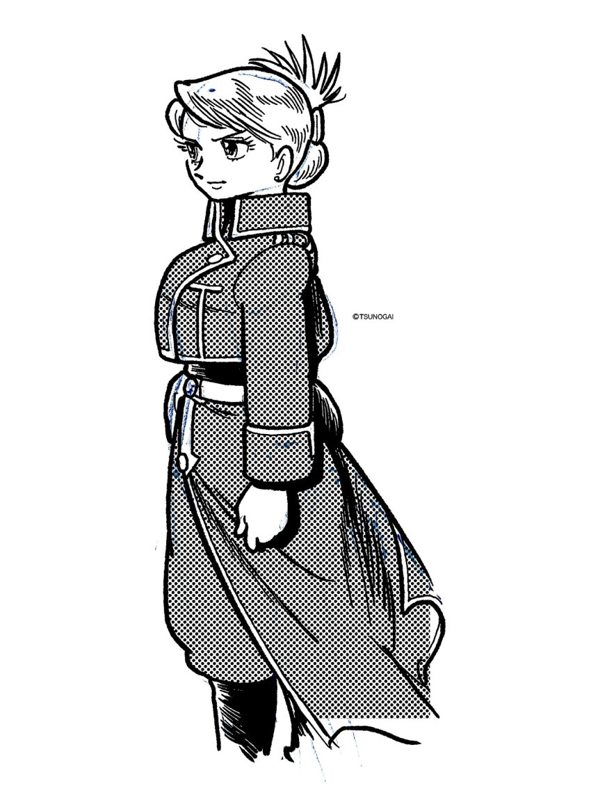 1girl, amestris_military_uniform, arm_at_side, artist_name, baggy_pants, black_boots, black_outline, boots