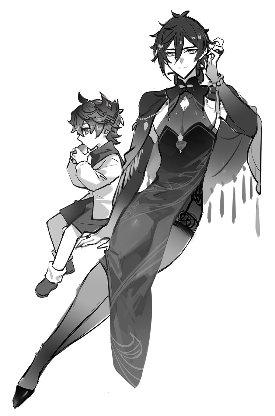 2boys, age_difference, alternate_costume, crossdressing, crossdressing_(mtf), eating, genshin_impact, greyscale