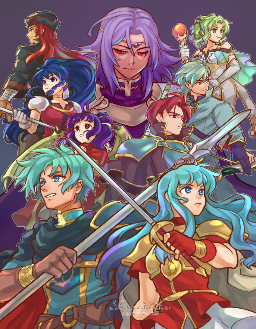 4girls, 5boys, absurdres, armor, artist_name, blue_eyes, blue_hair, bow_(weapon)