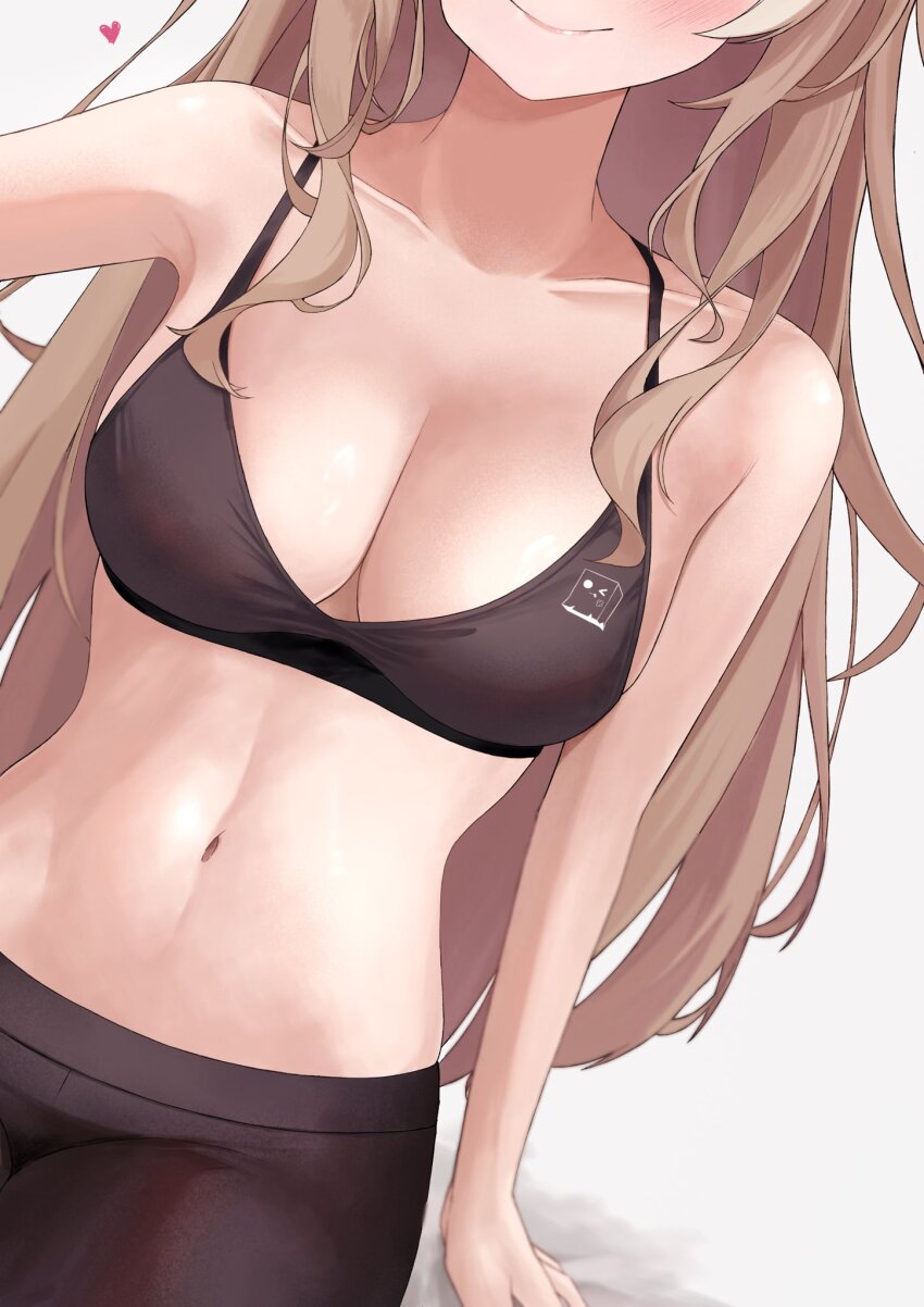 >_o, arm_at_side, arm_out_of_frame, bare_arms, bare_shoulders, black_leggings, breasts, brown_hair