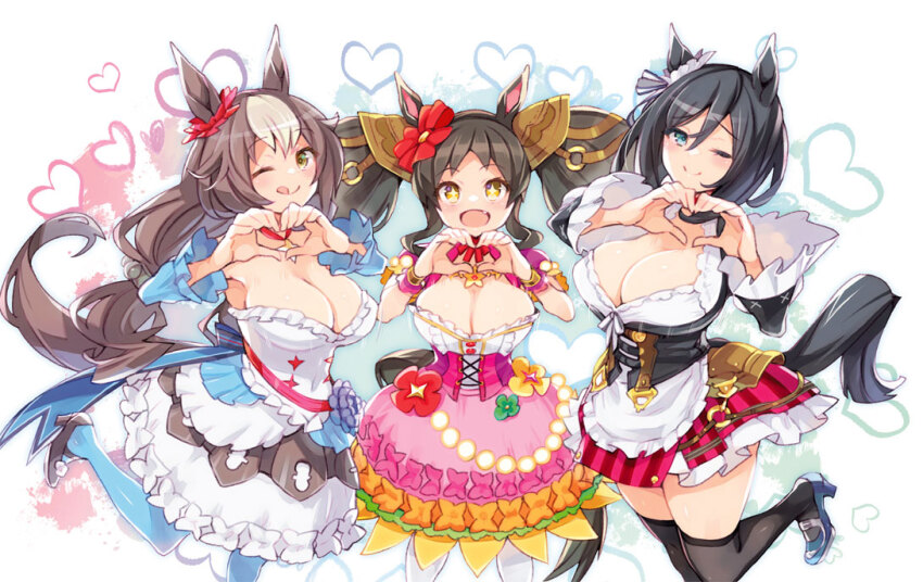 +_+, 3girls, black_hair, black_thighhighs, blue_eyes, blue_footwear, blue_thighhighs, breasts