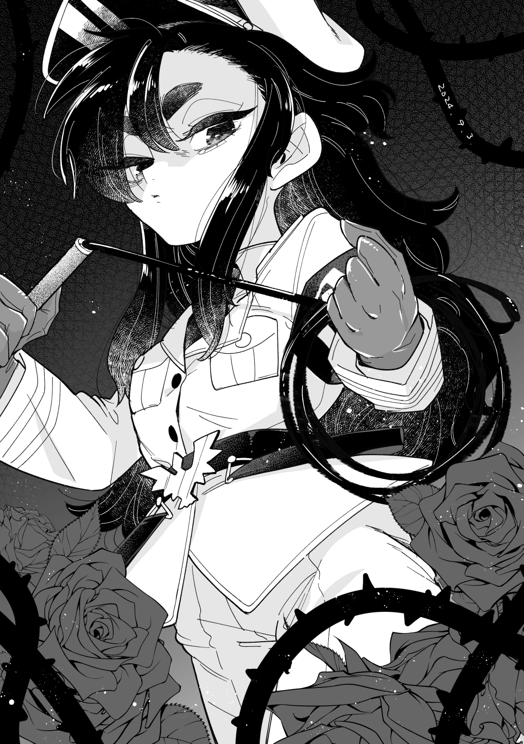 1girl, belt, dated, flower, gloves, greyscale, highres, holding