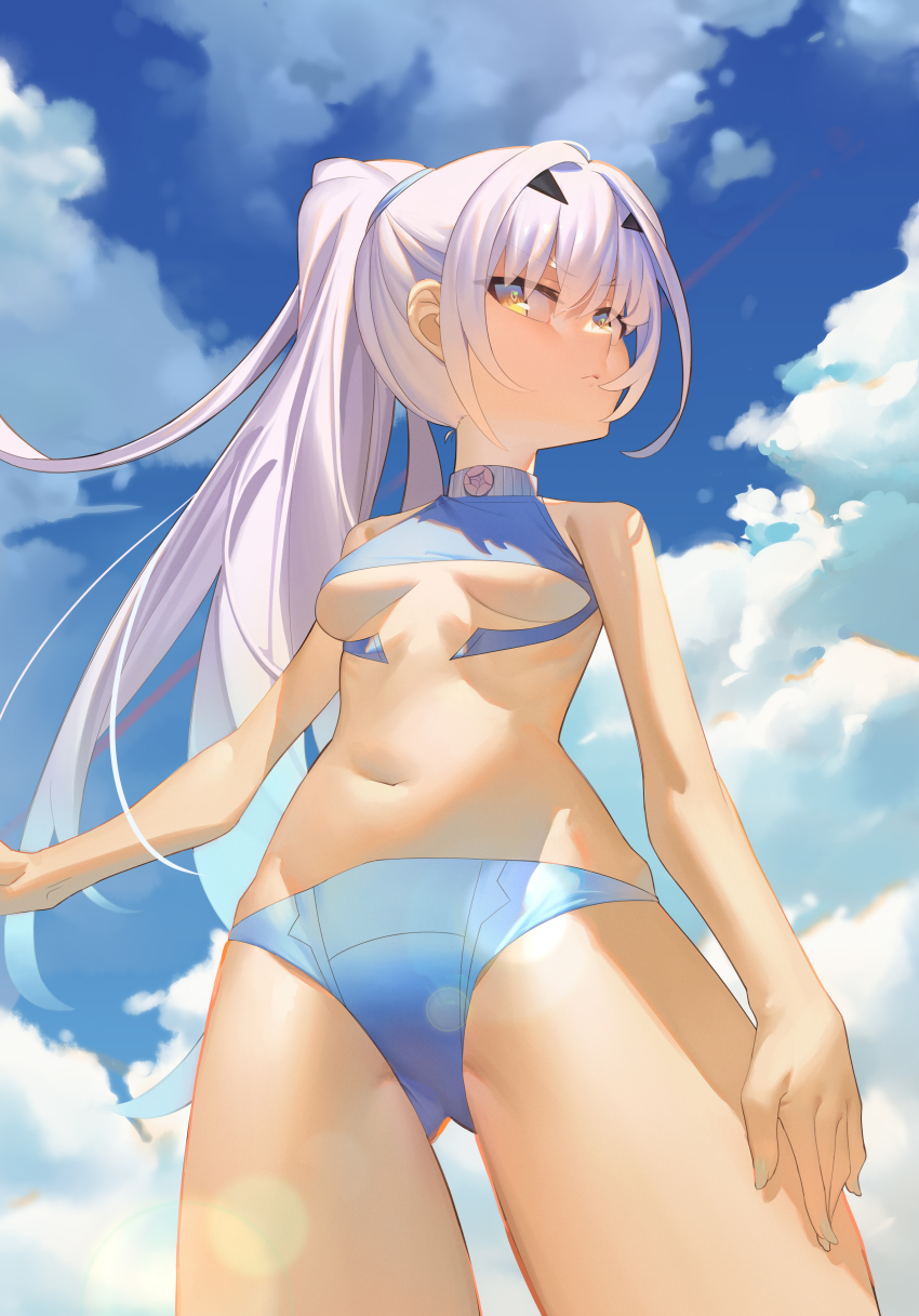 1girl, absurdres, bikini, blue_bikini, breasts, cloud, cloudy_sky, fate/grand_order, fate_(series), from_below, highres, long_hair, looking_at_viewer, melusine_(fate), navel, outdoors, ponytail, shiki_zzy, sidelocks, sky, small_breasts, solo, swimsuit, underboob, white_hair, yellow_eyes