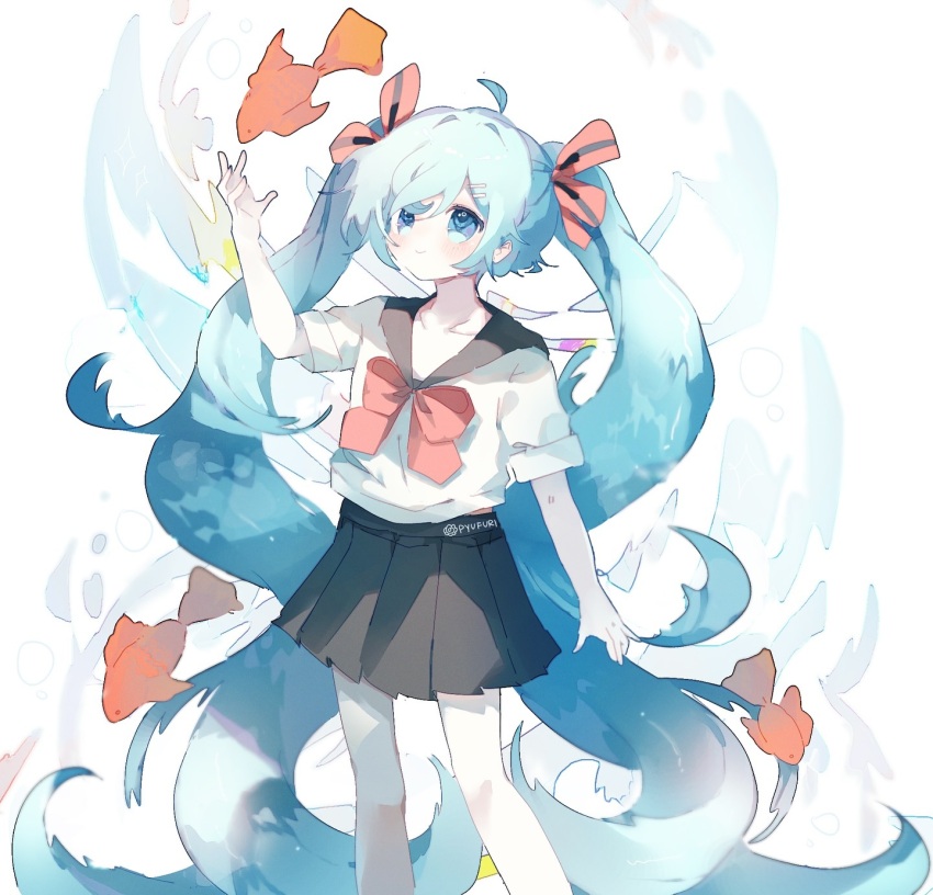 1girl, ahoge, aqua_eyes, aqua_hair, arm_up, artist_name, black_sailor_collar, black_skirt