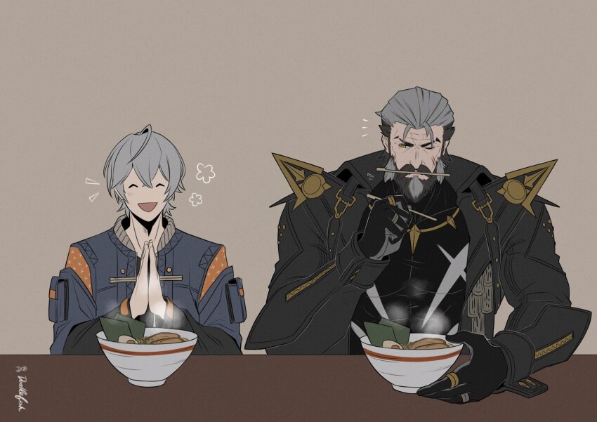 2boys, abs, bara, black_beard, black_gloves, black_hair, black_jacket, black_shirt