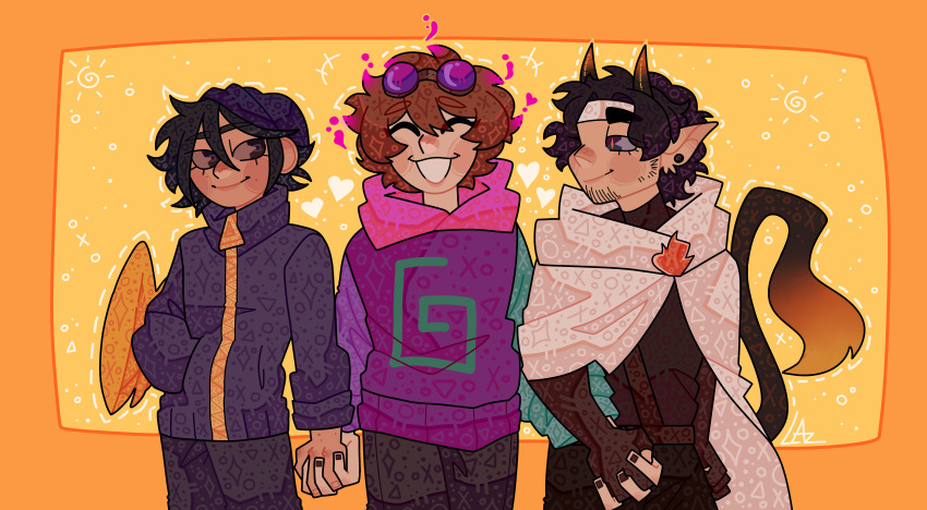 3boys, absurdres, black_gloves, black_nails, black_pants, black_shirt, blue_jacket, blush