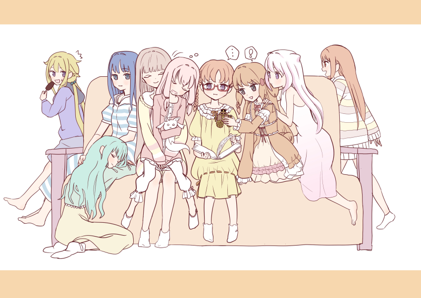 6+girls, 99noi, ankle_socks, barefoot, blonde_hair, blue_eyes, blue_hair, brown_hair