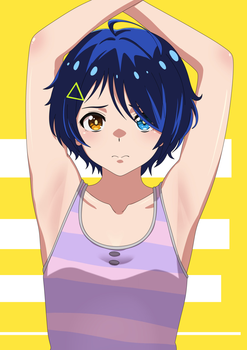 1girl, absurdres, armpits, arms_up, blue_hair, child, hair_ornament, hairclip