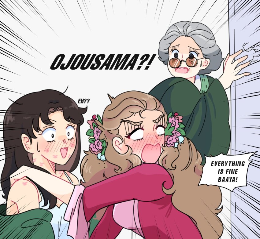 3girls, blush, brown_hair, camisole, caught, character_request, commentary, commentary_request, dress, english_commentary, english_text, flower, glass_no_kamen, green_kimono, green_shirt, grey_hair, hair_flower, hair_ornament, hand_on_another's_shoulder, highres, himekawa_ayumi, japanese_clothes, kimono, kitajima_maya, laura_(wisteriamemory_), lipstick_mark, lipstick_mark_on_face, long_hair, looking_at_another, mixed-language_commentary, multiple_girls, no_pupils, open_mouth, pink_dress, pink_fur, shirt, speech_bubble, sunglasses, white_camisole, yuri