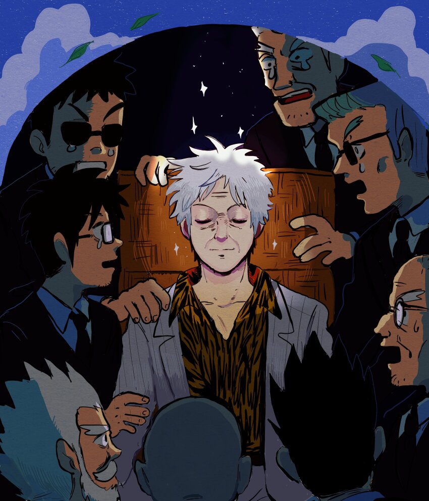 6+boys, absurdres, akagi_shigeru, animal_print, asai_ginji, bald, beard, black_hair, black_jacket, black_necktie, character_request, closed_eyes, closed_mouth, collared_shirt, commentary, facial_hair, flattop, fukumoto_mahjong, goatee, grey_hair, harada_katsumi, highres, igawa_hiroyuki, jacket, kanamitsu_shuuzou, looking_at_another, male_focus, multiple_boys, mustache, necktie, old, old_man, open_mouth, print_shirt, sawada_(ten), shirt, short_hair, smile, soga_mitsui, solo_focus, sparkle, spiked_hair, striped_clothes, striped_jacket, ten_(manga), ten_takashi, tiger_print, tzk6996, upper_body, washio_hitoshi, white_shirt