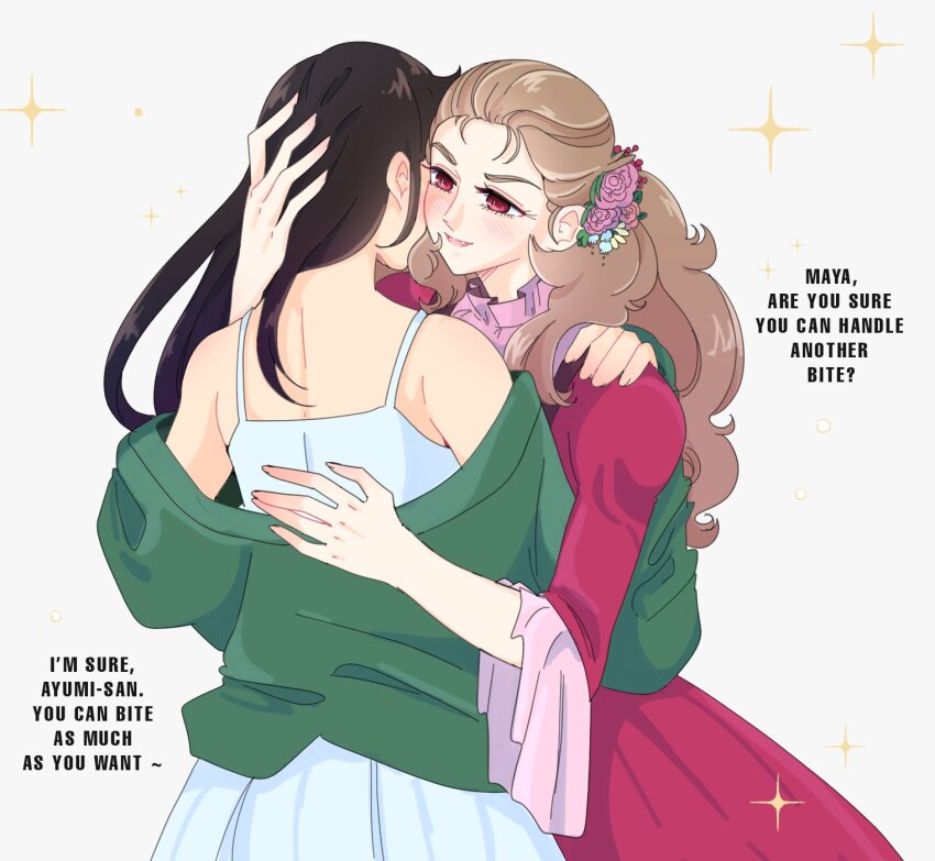 2girls, black_hair, blue_dress, brown_hair, commentary, commentary_request, dress, english_commentary, english_text, fang, flower, glass_no_kamen, green_shirt, hair_flower, hair_ornament, hand_on_another's_back, hand_on_another's_head, hand_on_another's_shoulder, highres, himekawa_ayumi, kitajima_maya, laura_(wisteriamemory_), long_hair, long_sleeves, mixed-language_commentary, multiple_girls, off_shoulder, pink_dress, pink_eyes, pink_flower, shirt, smile, sparkle, vampire, yuri