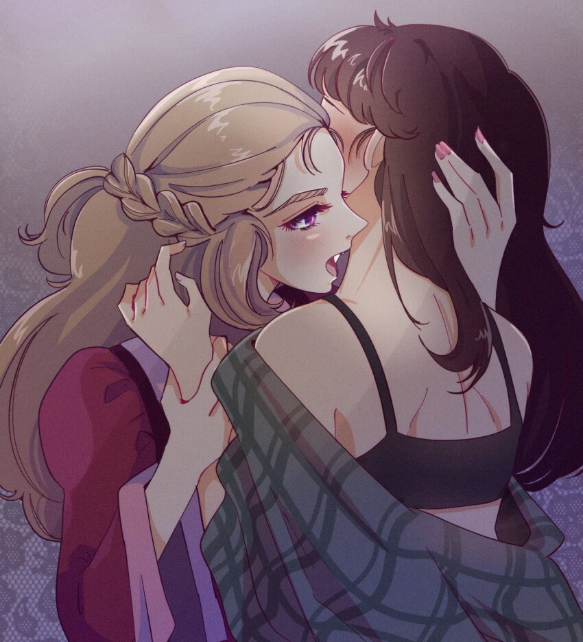 2girls, black_bra, blush, bra, braid, brown_hair, commentary, commentary_request