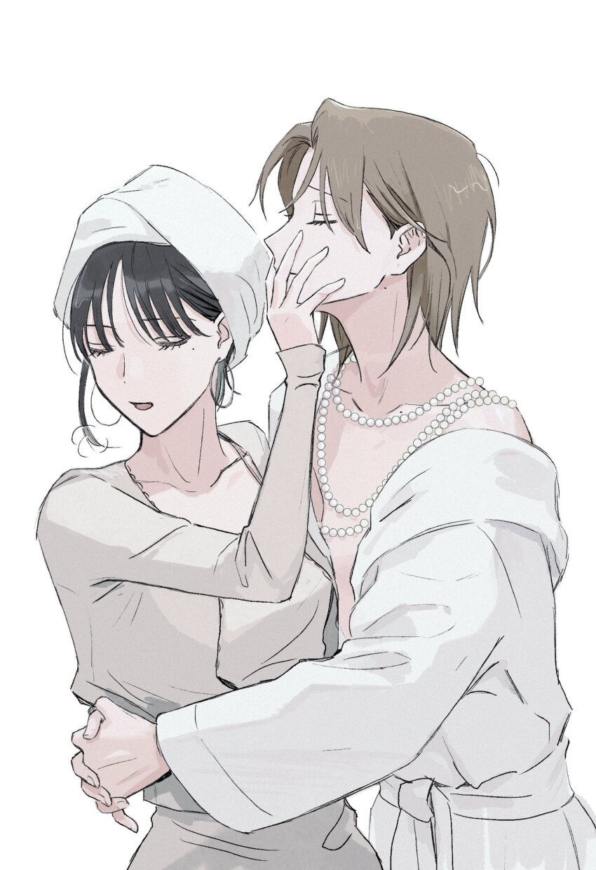 2girls, arms_around_another's_waist, bathrobe, black_hair, breasts, brown_hair, closed_eyes, closed_mouth
