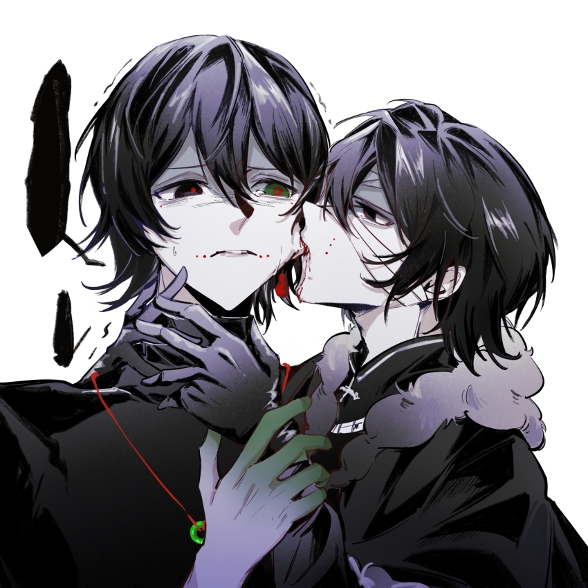 2boys, absurdres, aphwodeming, bandaged_head, bandages, biting, biting_another's_cheek, black_capelet