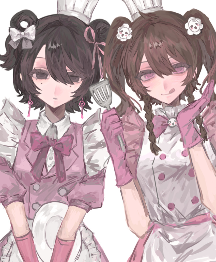 2girls, :q, alternate_costume, alternate_hairstyle, black_eyes, black_hair, bow, bowtie
