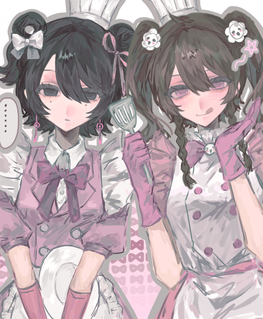 ..., 2girls, :q, alternate_costume, alternate_hairstyle, black_eyes, black_hair, bow