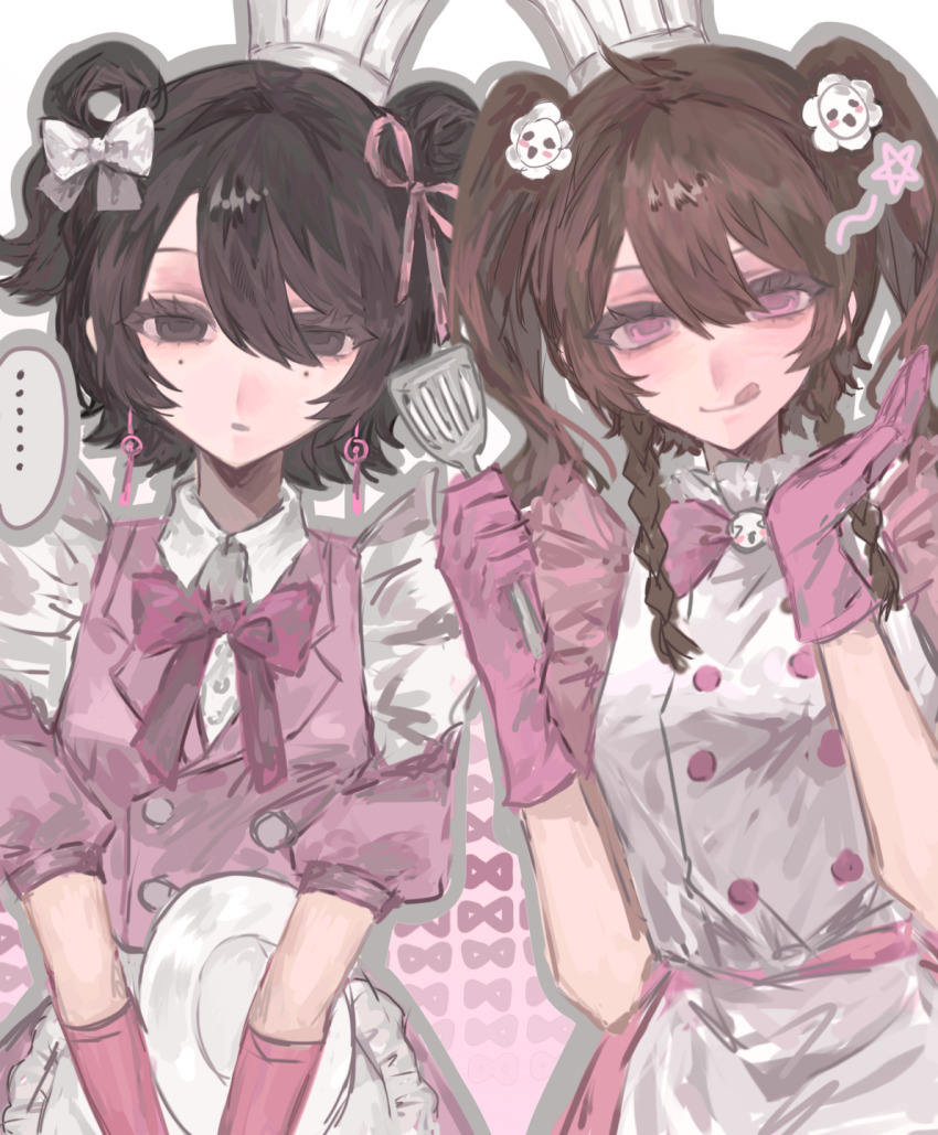 ..., 2girls, :q, alternate_costume, alternate_hairstyle, black_eyes, black_hair, bow