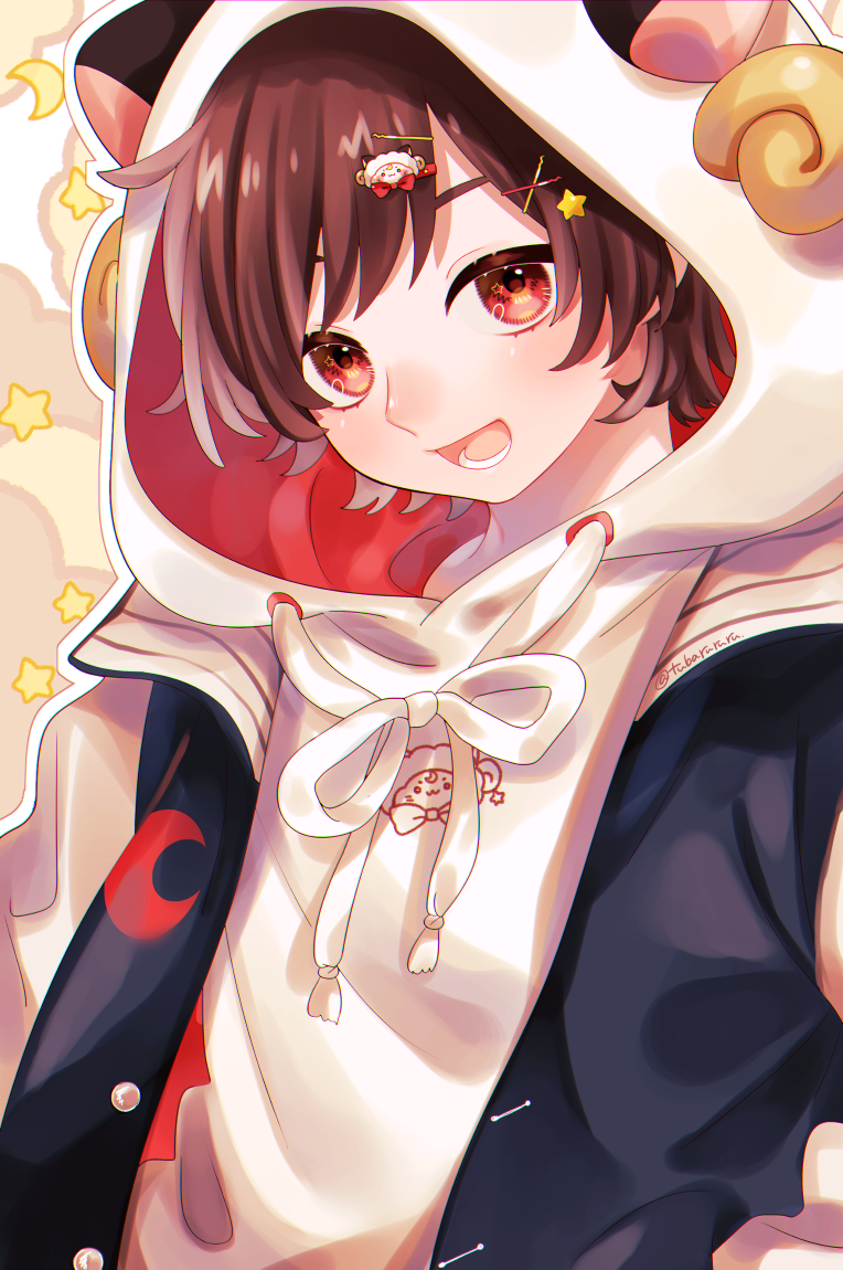 1boy, amatsuki_(utaite), black_jacket, brown_hair, commentary_request, fake_horns, hair_ornament, hood